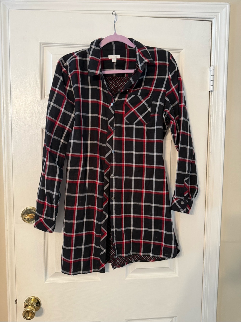 J. Jill Black Plaid Long Button-Front Tunic with Red and White Checks